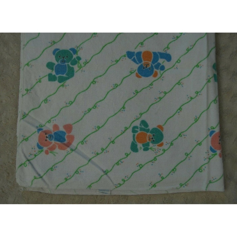 Vintage Riegel Teddy Bear Baby Blanket Flannel Receiving Green White Blue USA